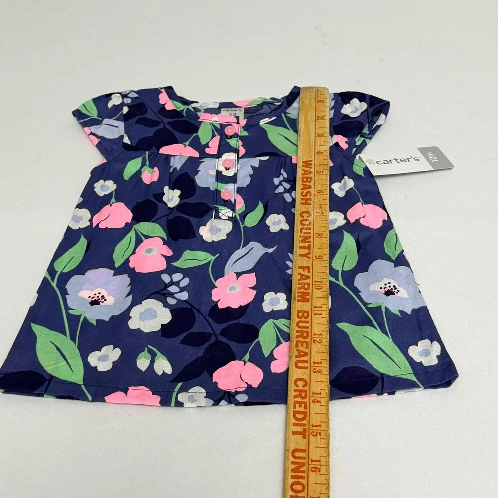 Carters Baby Girl 12M Navy Blue Floral Cotton Cap Sleeve Tunic Top Cottagecore